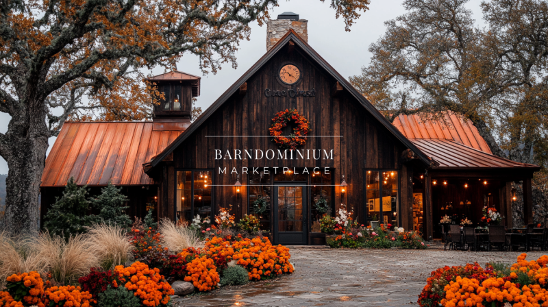Rustic barndominium with a copper roof, rich wood tones, and vibrant autumn decor.