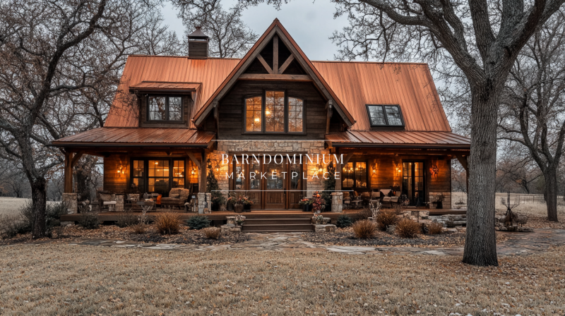 Rustic barndominium with a copper roof, stone and wood exterior, and warm inviting lighting.