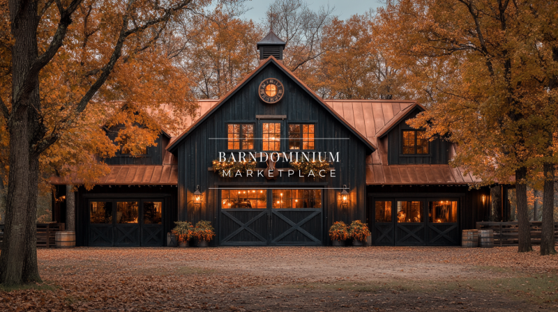Charming black barndominium with a copper roof, warm lighting, and cozy autumn surroundings.