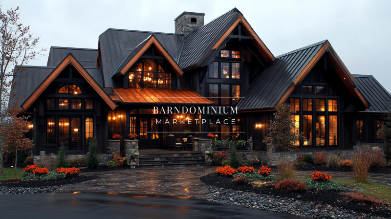 Luxurious black barndominium with a modern design, copper roof accents, and warm evening lighting.