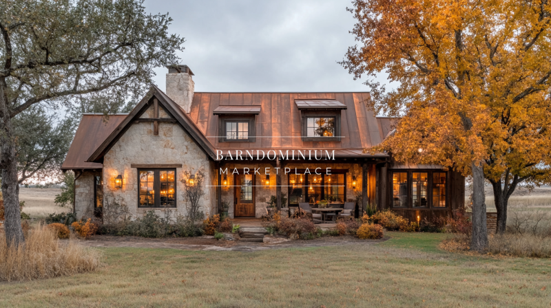 Rustic barndominium with a copper roof, stone exterior, and warm autumn-inspired lighting.