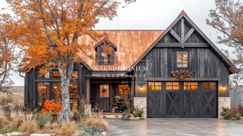 Charming black barndominium with a copper roof, warm lighting, and autumn-inspired landscaping.