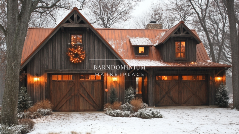 Cozy barndominium exterior with rustic wood siding, a festive holiday wreath, and a snowy winter setting, exuding warm cabin charm.