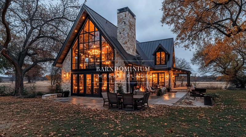 Stunning barndominium exterior with a modern rustic design, featuring a grand stone chimney, floor-to-ceiling windows, and warm ambient lighting.