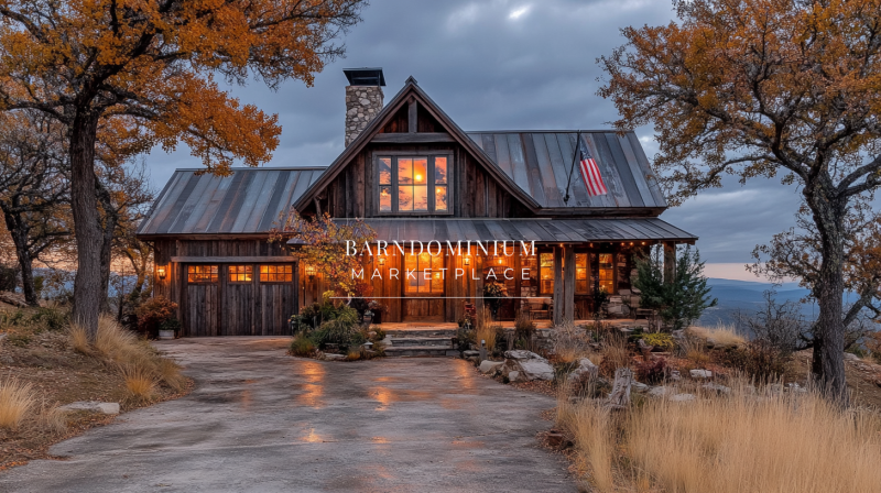 Charming barndominium exterior with rustic wood siding, a warm-lit porch, and a scenic countryside setting, perfect for modern country living.