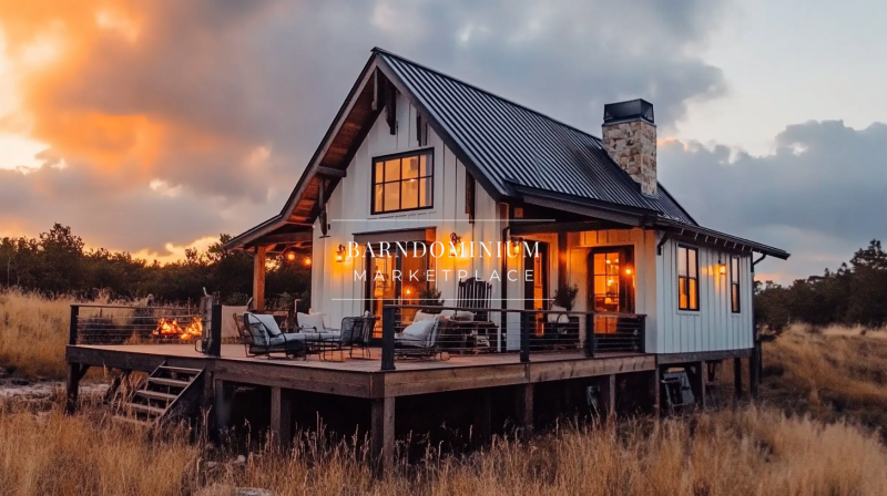 A stunning barndominium exterior with a modern farmhouse design, featuring warm lighting, a wraparound deck, and a black metal roof against a breathtaking sunset.