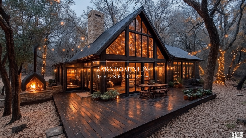 A beautiful A-frame cabin with a sleek black exterior, glowing lights, and a spacious wooden deck, creating a magical woodland retreat.