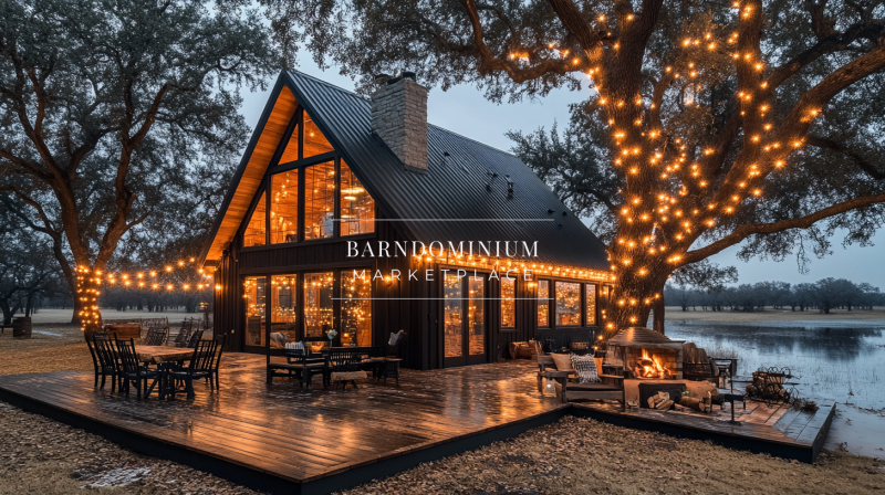 A charming A-frame cabin with glowing string lights, creating a warm and inviting atmosphere on a spacious wooden deck by the lake.