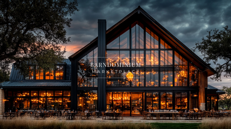 A modern black barndominium with a striking A-frame glass façade, glowing interior lights, and a moody sunset sky.