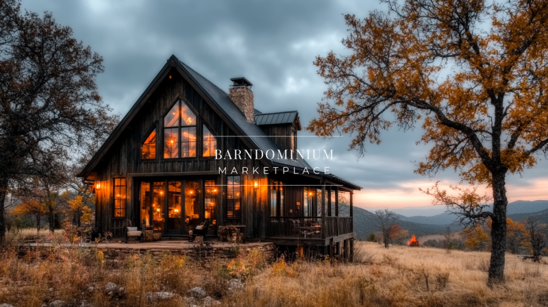 A cozy rustic barndominium nestled in the countryside, featuring warm glowing lights, a wraparound porch, and breathtaking sunset views.