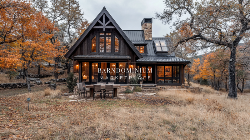 A charming black barndominium nestled in an autumn landscape, featuring large windows, warm lighting, and a cozy outdoor dining area.