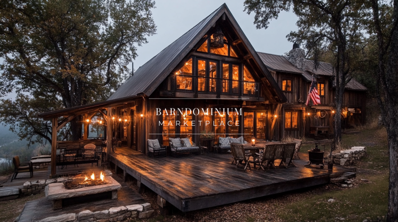 A modern rustic barndominium with a warm, inviting glow, featuring a spacious deck, fire pit, and cozy outdoor seating.
