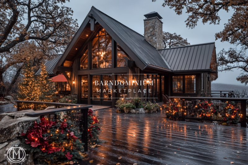 A stunning holiday-themed barndominium with a modern rustic design, featuring warm glowing lights, festive decor, and a cozy ambiance.