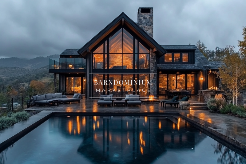 A luxurious modern barndominium with floor-to-ceiling glass windows, a glowing interior, and a stunning pool reflecting the warm lights against a dramatic mountain backdrop.