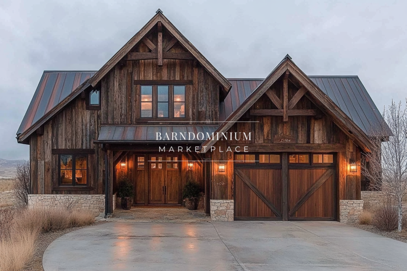 A rustic modern barndominium featuring reclaimed wood siding, exposed timber beams, and a cozy, inviting ambiance with warm exterior lighting.