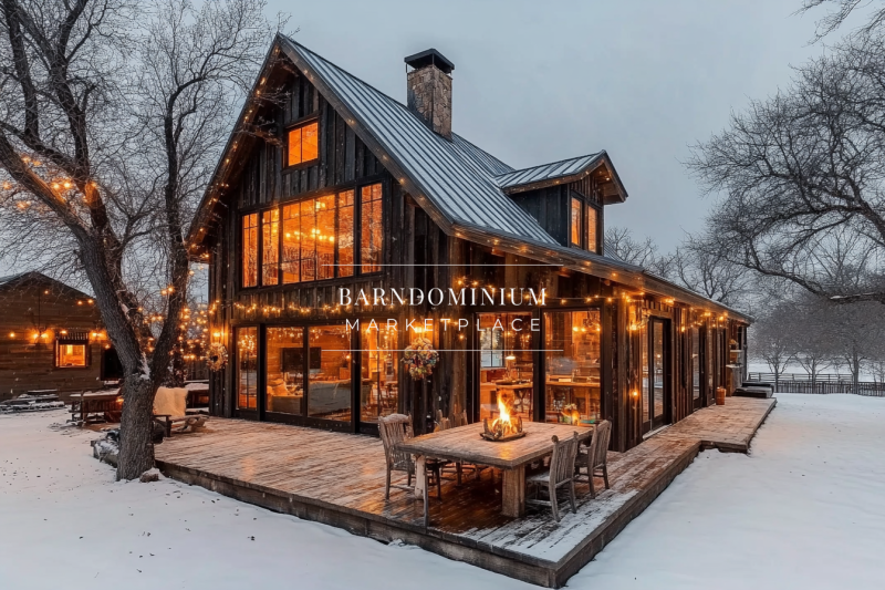 A cozy winter barndominium with glowing string lights, rustic wood siding, and a snowy landscape, creating the perfect holiday retreat.