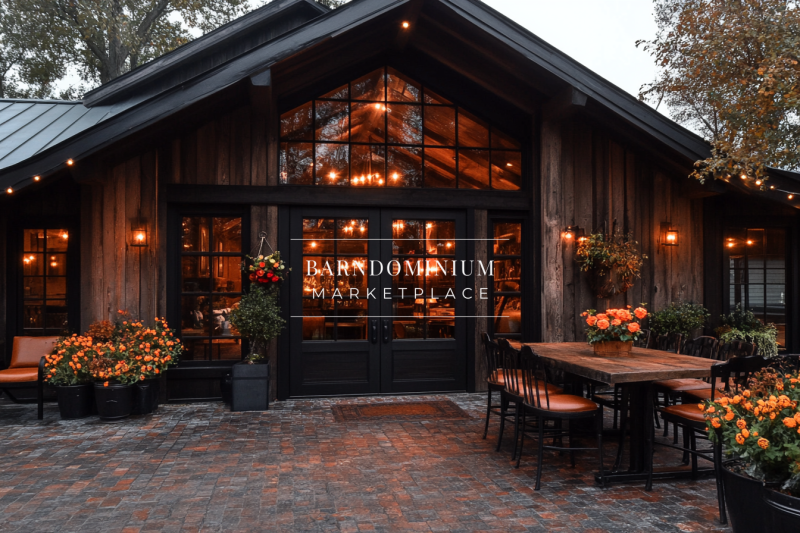 A rustic barndominium with warm lighting, rich wood tones, and a charming outdoor dining setup surrounded by lush floral accents.