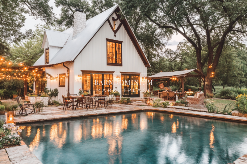 A charming white barndominium with warm lighting, a luxurious pool, and an inviting outdoor dining area under twinkling string lights.