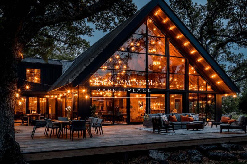 A stunning modern barndominium with floor-to-ceiling windows, warm glowing string lights, and an inviting outdoor living space.