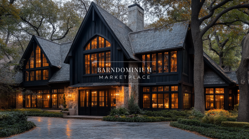 A luxurious black barndominium with dramatic peaked roofs, warm glowing windows, and lush landscaping, blending elegance with rustic charm.