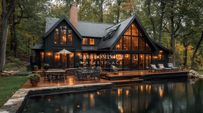 A luxurious black barndominium with a poolside deck, featuring floor-to-ceiling windows, warm lighting, and a seamless blend of modern and rustic architecture.