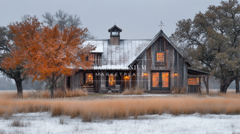 A rustic barn-style home with warm glowing windows, surrounded by snowy fields and autumn trees.