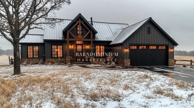 A modern black farmhouse with rustic wood accents, glowing windows, and a light dusting of snow, creating a cozy winter ambiance.