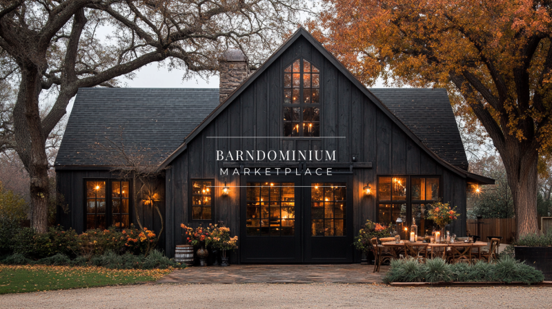 A stunning black barndominium with warm ambient lighting, rustic charm, and a cozy autumn vibe.