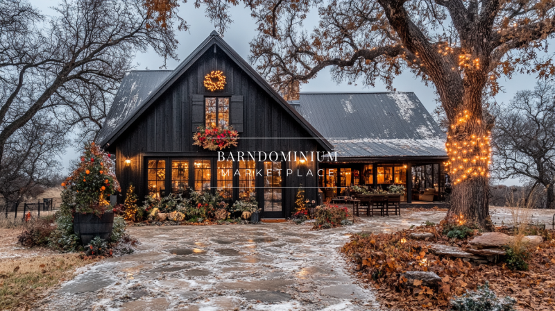 A charming black barndominium decorated for the holidays, featuring warm lights, festive wreaths, and a cozy winter ambiance.
