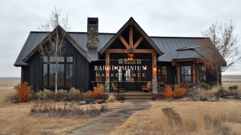 A modern rustic barndominium with black metal siding, stone accents, and a cozy front porch, blending elegance with countryside charm.