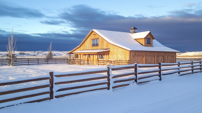 A picturesque wooden barndominium bathed in golden sunlight, standing gracefully amid a pristine, snow-covered landscape.