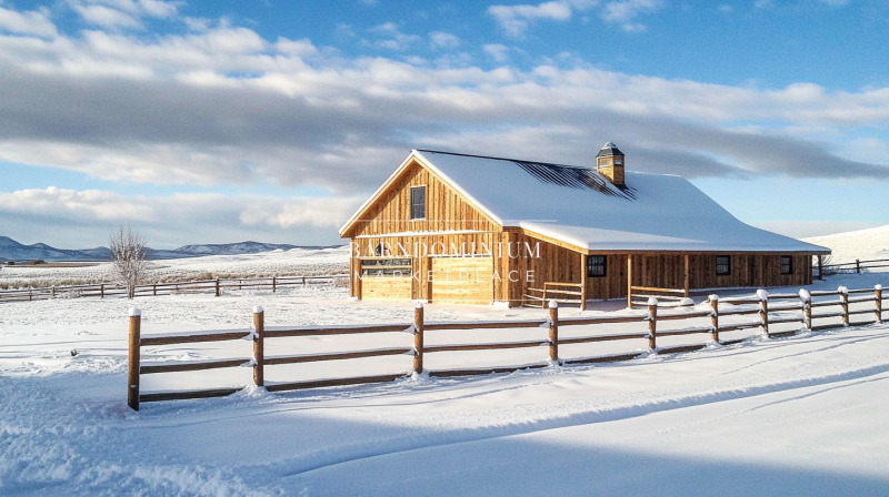 A picturesque wooden barndominium surrounded by pristine snow, reflecting the beauty of rural winter living.