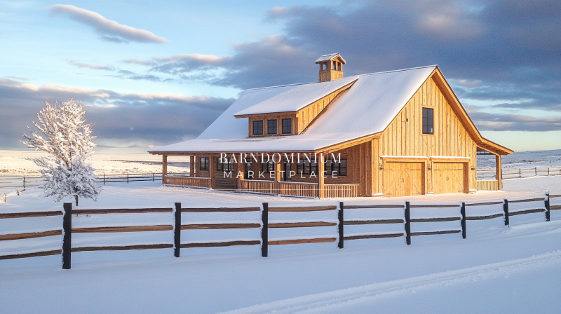 A stunning wooden barndominium nestled in a serene, snow-covered landscape, offering a cozy countryside escape.