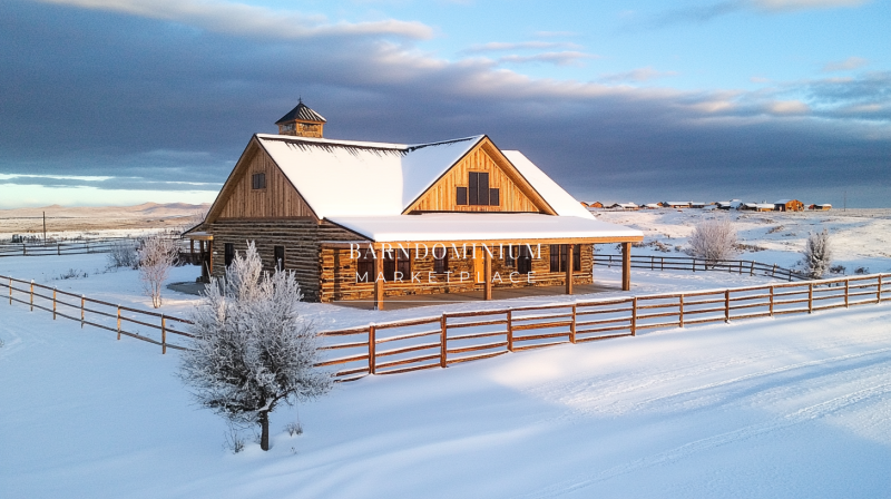 A stunning rustic barndominium nestled in a serene, snow-covered landscape, illuminated by golden sunlight.