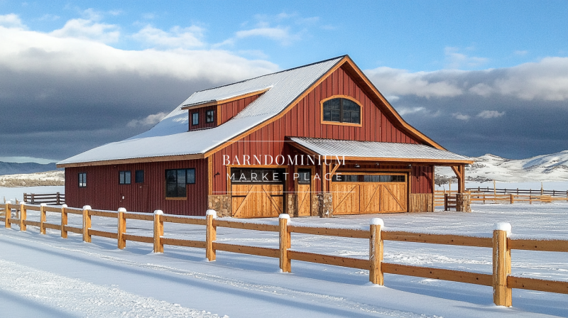 A stunning red barndominium in a snowy landscape, combining rustic charm with modern living.