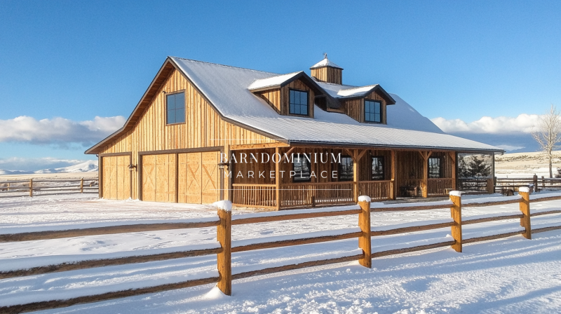 A rustic wooden barndominium covered in snow, offering a cozy countryside retreat.