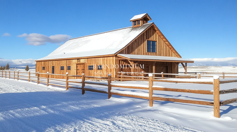 A stunning wooden barndominium exterior covered in snow, featuring a classic barn-style design with a rustic touch.
