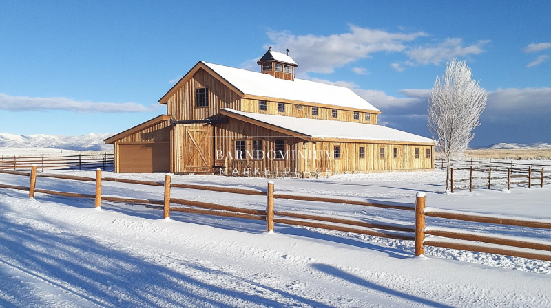 A beautiful wooden barndominium in a snowy rural setting, featuring a spacious design with a warm, rustic charm.