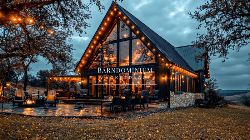 A breathtaking barndominium exterior featuring floor-to-ceiling windows, warm lighting, and a cozy outdoor patio.