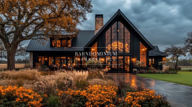 A stunning barndominium exterior with modern rustic charm, featuring grand glass windows and warm interior lighting.
