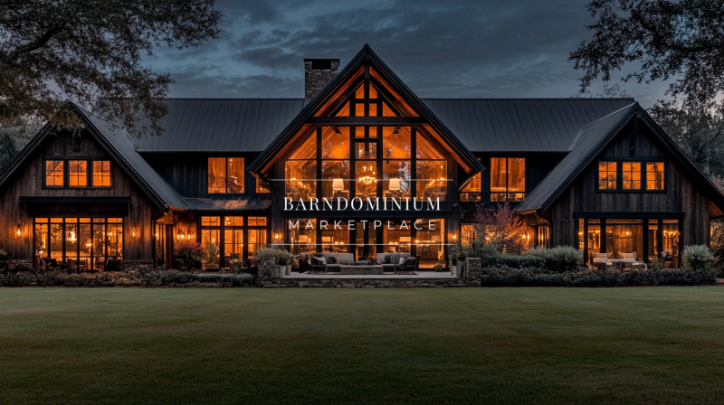 A breathtaking barndominium exterior at night, illuminated with warm interior lighting and expansive glass windows.