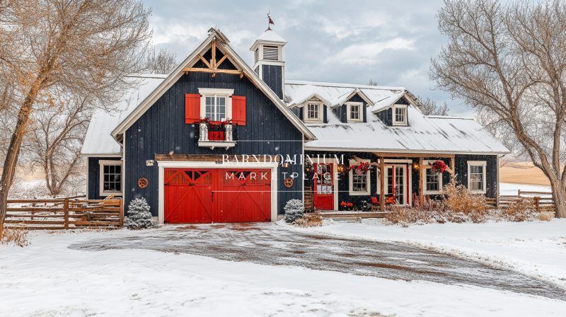 A charming barndominium exterior with festive red accents, set against a snowy winter landscape.
