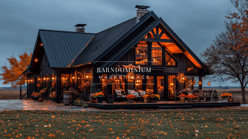 A cozy barndominium exterior with warm lighting, rustic wood accents, and a charming autumn ambiance.