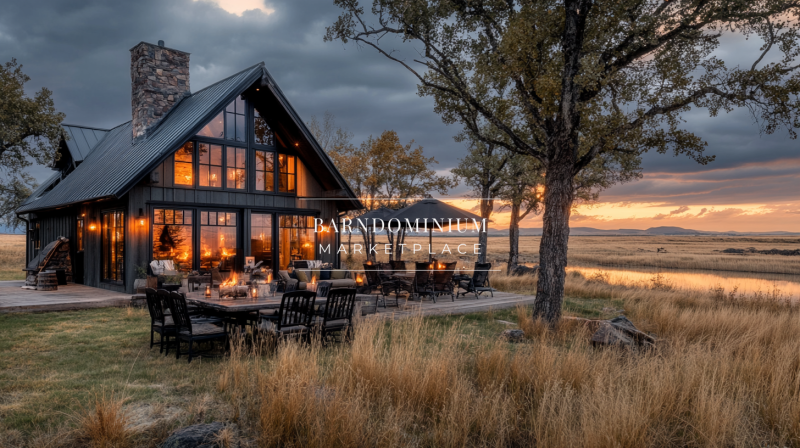 A breathtaking barndominium exterior featuring large glass windows, warm lighting, and a picturesque countryside sunset.