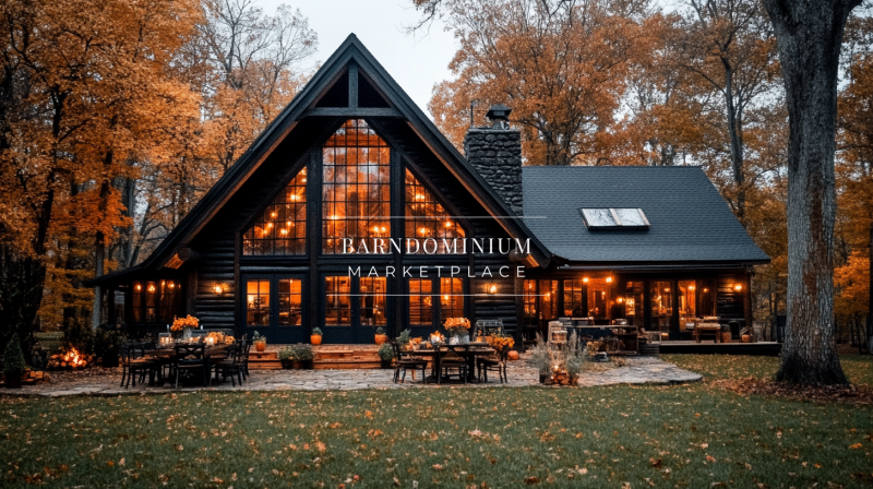 A breathtaking barndominium exterior with A-frame architecture, glowing lights, and a cozy autumn setting.