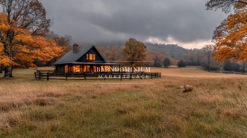 A cozy barndominium exterior in the countryside, surrounded by autumn foliage and an open field under a dramatic cloudy sky.
