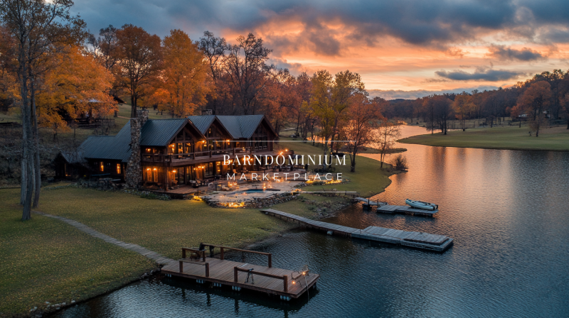 A luxurious lakeside barndominium at sunset, featuring rustic charm, glowing lights, and a peaceful waterfront dock.