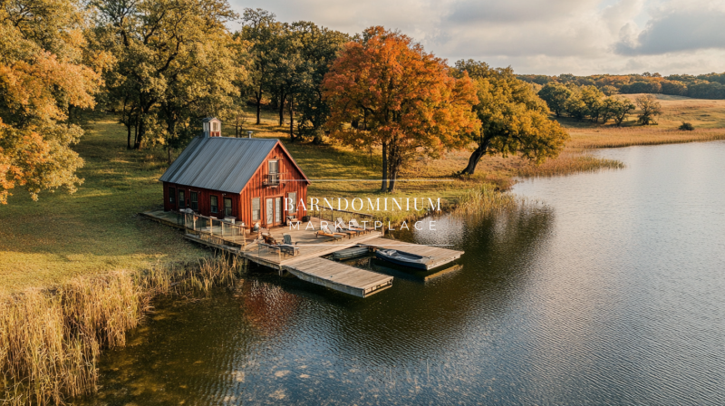 A charming barndominium exterior with a rustic red barn design, nestled by a serene lake and surrounded by vibrant autumn foliage.