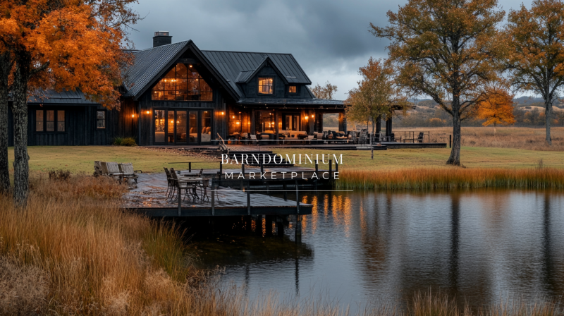 A stunning barndominium exterior by the water, featuring rustic charm, modern architecture, and warm lighting for a cozy countryside retreat.