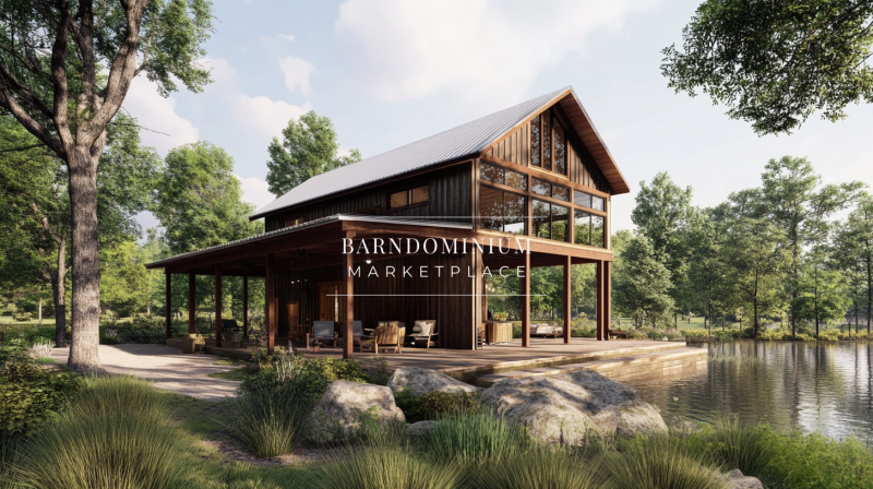 Modern rustic barndominium with a wraparound porch and serene waterfront views.